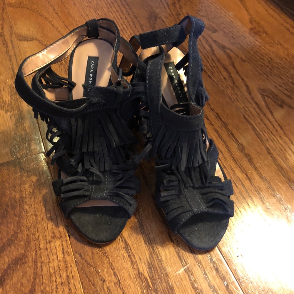 Zara Fringe Suede Sandals Black 36
